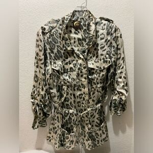 Blu Moon Animal Print 100% silk top front buttons & pockets belted  size 1